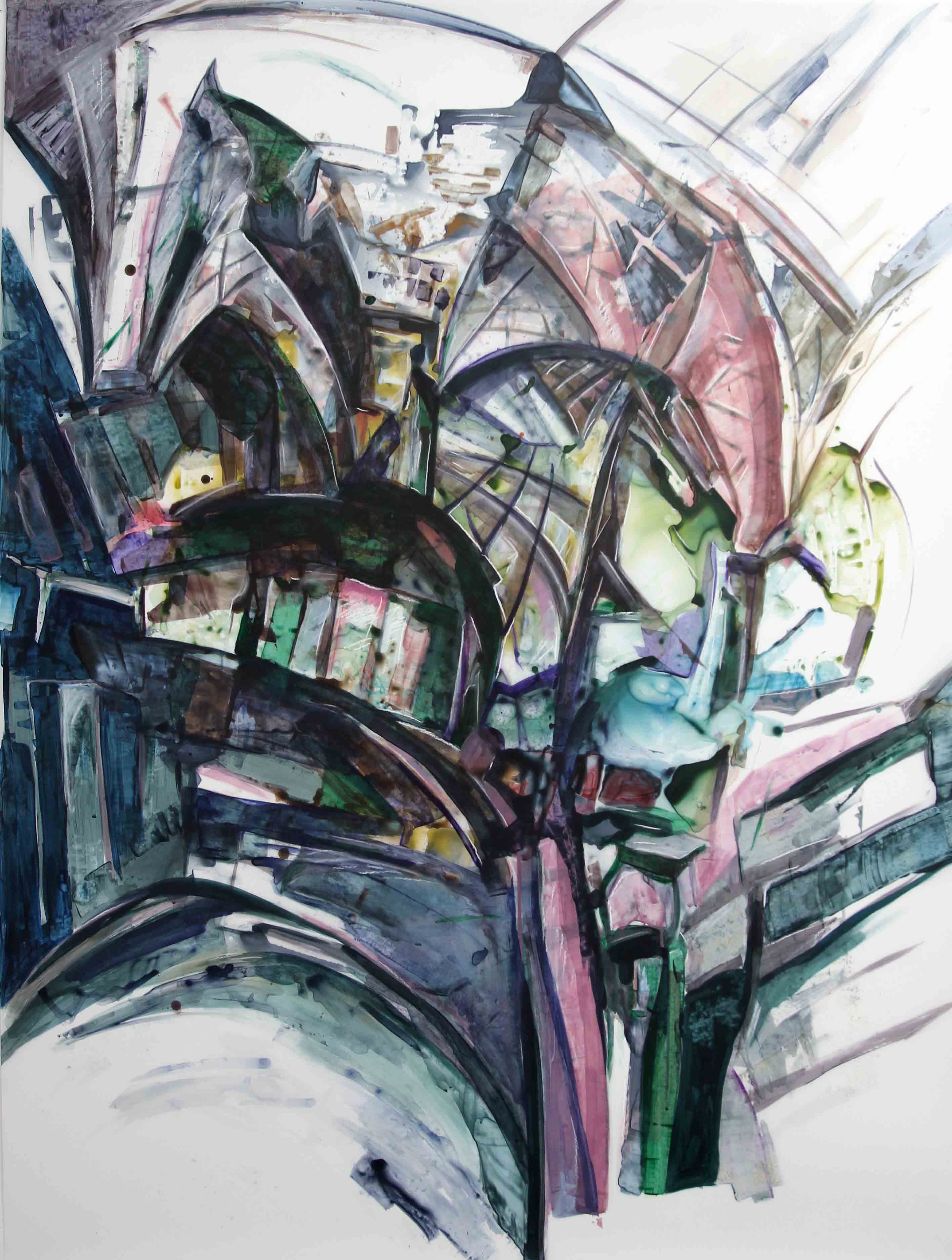 Pink Mosque, acrylic on mylar, 56x42 inches, 2018
