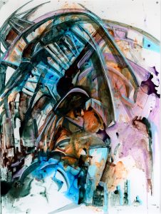 Sunset in the City, acrylic on mylar, 48x36 inches, 2019