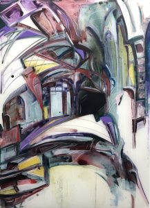 Courtyard, acrylic on mylar, 36x23 inches, 2020
