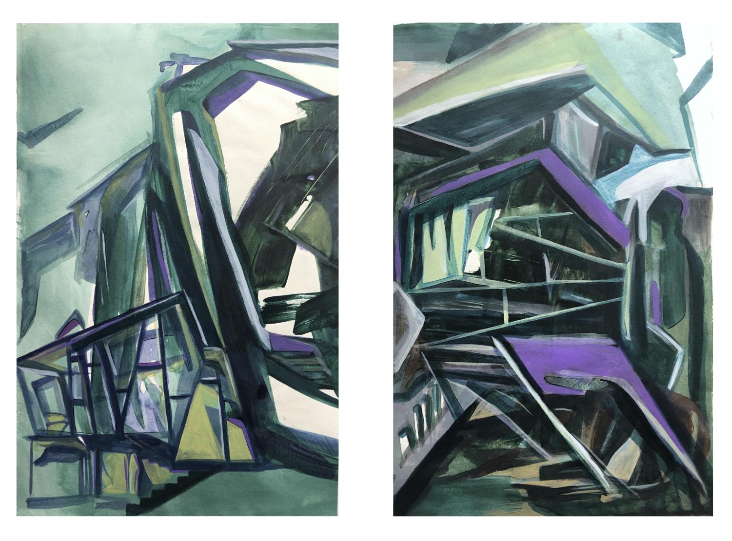 Green Homes, acrylic on paper, 19x12.5 inches each, 2020
